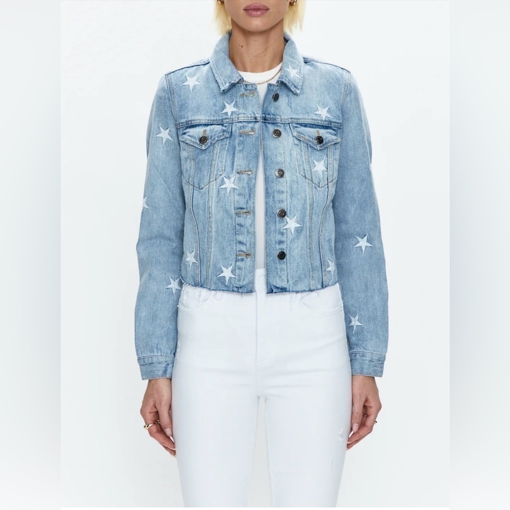 Pistola Brando Star Embroidery Denim Jacket in a light wash with a raw hem. - Picture 1 of 14